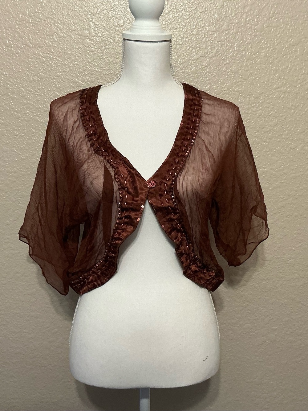Temptations Sheer Copper Brown Sequin Trim Bolero